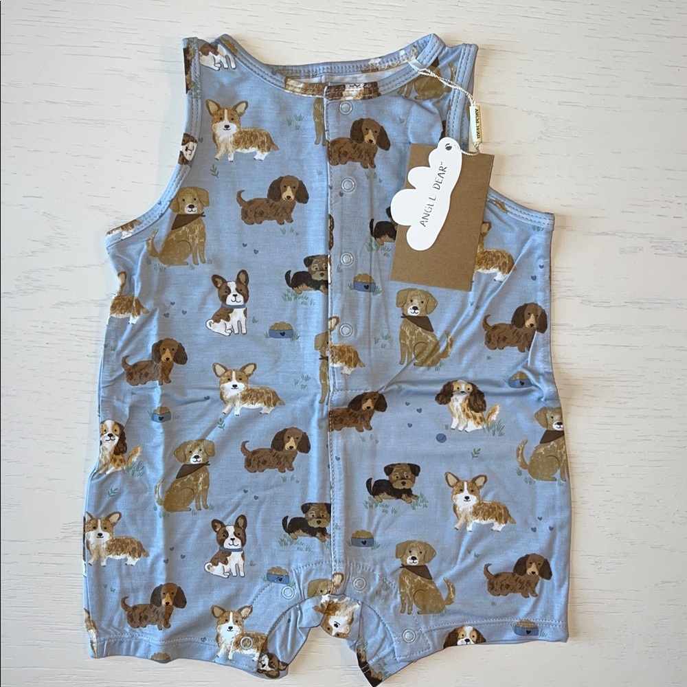 Angel Dear Shortie Romper Bamboo Best Friend Dog Blue 3-6 months